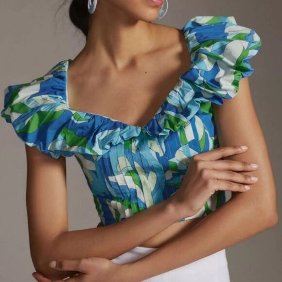 Maeve Anthropologie Blue Green Floral Crop Top Womens XSP Ruffled Pleated Shirt - Picture 1 of 7